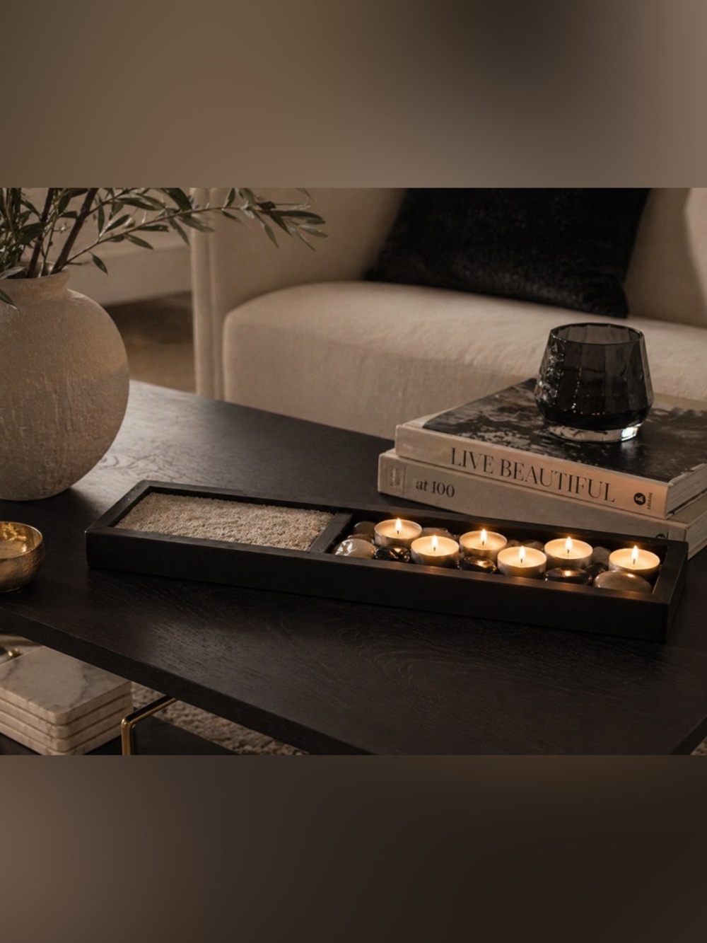 Urban Zen Tea Light Garden Set Sand Stone Candle Holder Decor Modern Centerpiece
